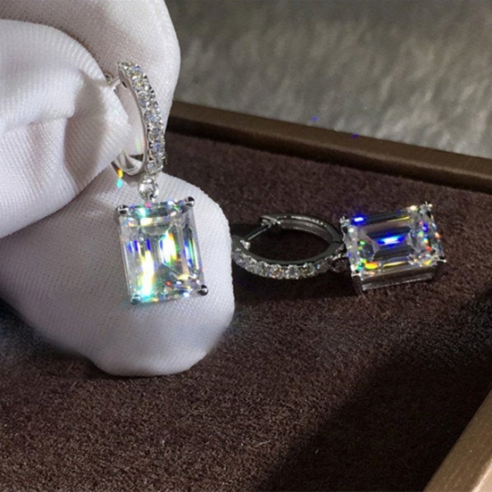 Classic Emerald Cut Drop Silver Plated Zircon Earrings- Fashion Jewelry